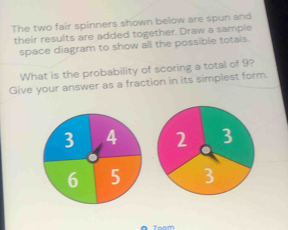 The two fair spinners shown below are spun and 
their results are added together. Draw a sample 
space diagram to show all the possible totals. 
What is the probability of scoring a total of 9? 
Give your answer as a fraction in its simplest form.
3 4
6 5
7oom