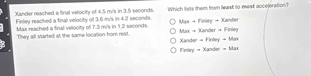 Xander reached a final velocity of 4.5 m/s in 3.5 seconds. Which lists them from least to most acceleration?
Finley reached a final velocity of 3.6 m/s in 4.2 seconds. Max → Finley → Xander
Max reached a final velocity of 7.3 m/s in 1.2 seconds.
They all started at the same location from rest. Max → Xander → Finley
a Xander → Finley → Max
Finley → Xander → Max