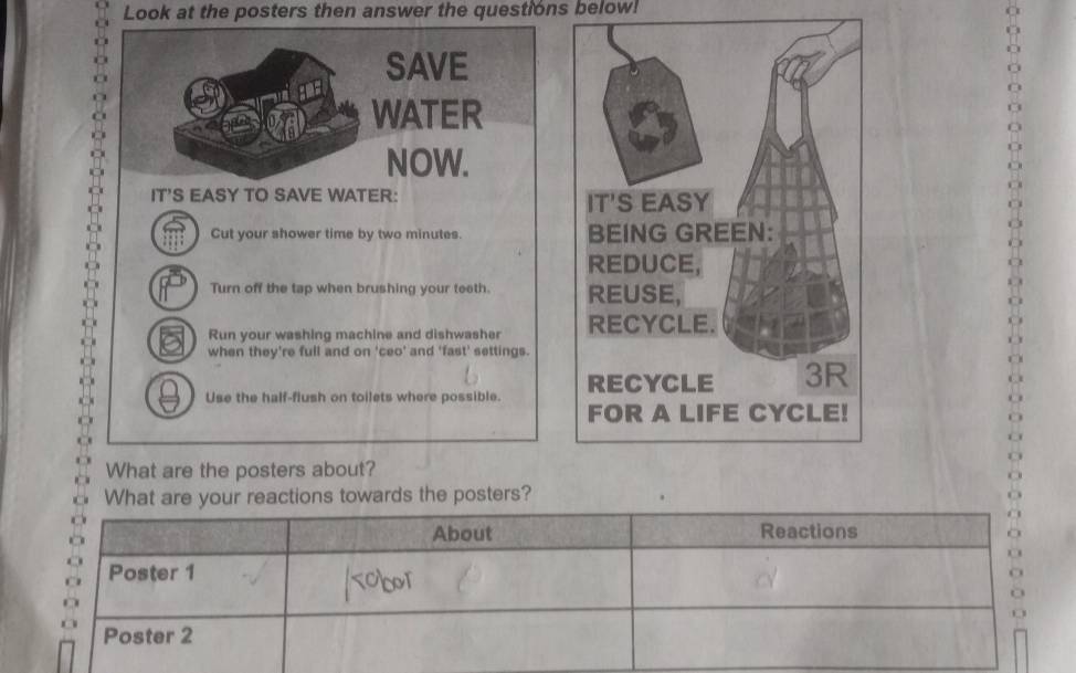 Look at the posters then answer the questions below! 
SAVE 
WATER 
NOW. 
IT'S EASY TO SAVE WATER: 
Cut your shower time by two minutes. 
Turn off the tap when brushing your teeth. 
Run your washing machine and dishwasher 
when they're full and on 'ceo’ and 'fast' settings. 
Use the half-flush on toilets where possible. 
What are the posters about? 
What are your reactions towards the posters? 
About Reactions 
Poster 1 
Poster 2