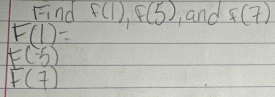 Find F(1),F(5) and F(7)
F(1)=
F(-5)
F(7)