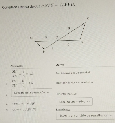 Complete a prova de que △ STUsim △ WVU. 
Afirmação Motivo 
1  SU/WU = 9/6 =1,5 Substituição dos valores dados. 
2  TU/VU = 6/4 =1.5 Substituição dos valores dados. 
3 Escolha uma afirmação Substituição (1,2)
4 ∠ TUS≌ ∠ VUW Escolha um motivo 
5 △ STUsim △ WVU Semelhança 
Escolha um critério de semelhança