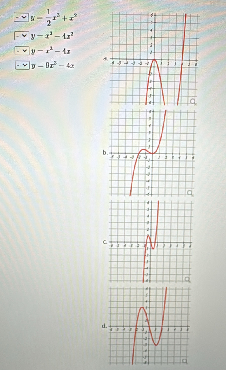 y= 1/2 x^3+x^2
y=x^3-4x^2
y=x^3-4x
y=9x^3-4x
b