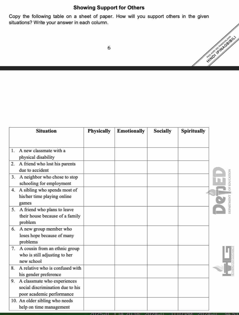 Showing Support for Others 
Copy the following table on a sheet of paper. How will you support others in the given 
situations? Write your answer in each column. 
Gaari nG Pamahala 
6 
INDI IPINAGBIBI 
help on time management