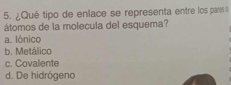 ¿Qué tipo de enlace se representa entre los pares de
átomos de la molecula del esquema?
a. Iónico
b. Metálico
c. Covalente
d. De hidrógeno