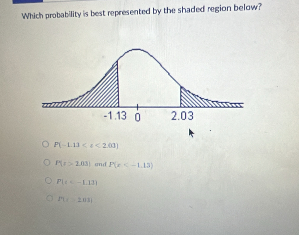 Which probability is best represented by the shaded region below?
P(-1.13
P(z>2.03) and P(x
P(z
P(z=2.03)