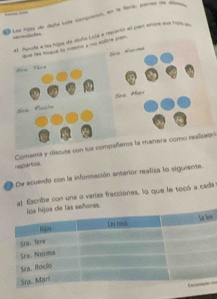 Le Las hães de doña Lole compreon, en la fería, panes de dilenes 
variechaches 
s de doña Lola a repartir el pan entre sua hios pu 
sobre pan. 
Comenta y discute con tus compañeros la mañera como realizao 
repartos. 
De acuerdo con la información anterior realiza lo siguiente. 
a) Escribe con una o varias fracciones, lo que le tocó a cada 
señoras. 
a 
eo