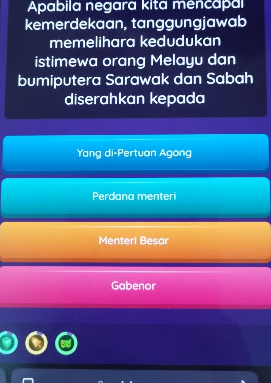 Apabila negara kita mencapal
kemerdekaan, tanggungjawab
memelihara kedudukan
istimewa orang Melayu dan
bumiputera Sarawak dan Sabah
diserahkan kepada
Yang di-Pertuan Agong
Perdana menteri
Menteri Besar
Gabenor