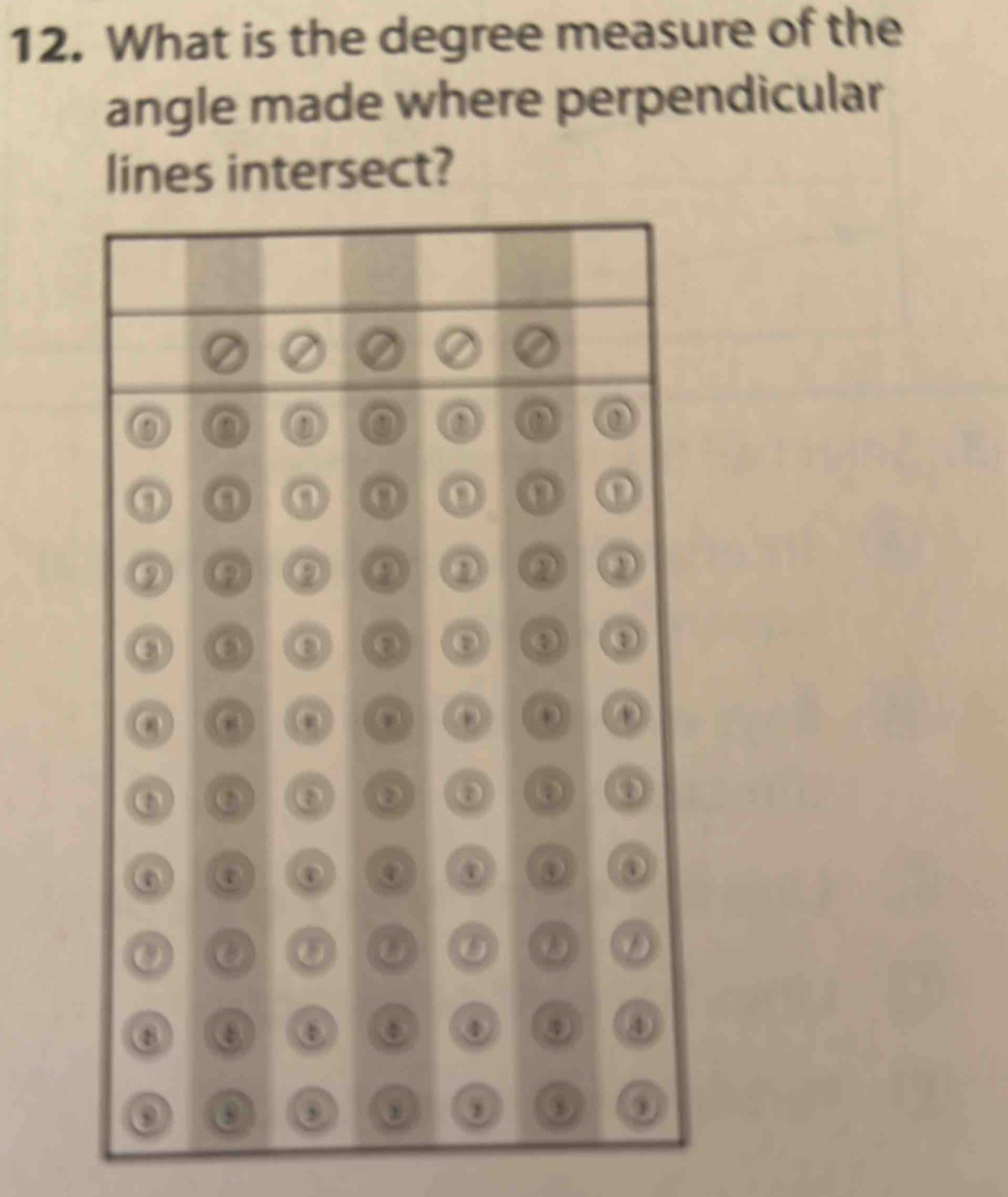 What is the degree measure of the 
angle made where perpendicular 
lines intersect?