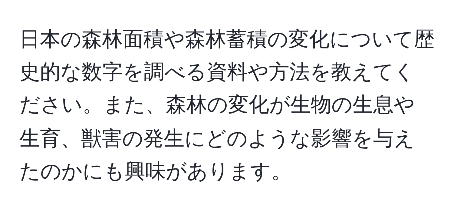 日本の森林面積や森林蓄積の変化について歴史的な数字を調べる資料や方法を教えてください。また、森林の変化が生物の生息や生育、獣害の発生にどのような影響を与えたのかにも興味があります。