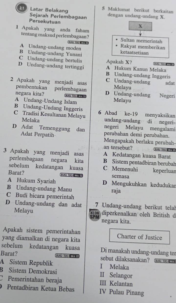 Latar Belakang
5 Maklumat berikut berkaitan
Sejarah Perlembagaan dengan undang-undang X.
Persekutuan
x
1 Apakah yang anda faham
tentang maksud perlembagaan? Sultan memerintah
BUKU TEKS  Rakyat memberikan
A Undang-undang moden ketaatsetiaan
B Undang-undang Yunani
C Undang-undang bertulis Apakah X? BUXU TEXS
D Undang-undang tertinggi A Hukum Kanun Melaka
B Undang-undang Inggeris
2 Apakah yang menjadi asas C Undang-undang adat
Melayu
pembentukan perlembagaan D Undang-undang Negeri
negara kita? BUKU TEKS
A Undang-Undang Islam
Melayu
B Undang-Undang Inggeris 6 Abad ke-19 menyaksikan
C Tradisi Kesultanan Melayu undang-undangndicnegeri-
Melaka
D Adat Temenggung dan negeri Melayu mengalami
Adat Perpatih
perubahan demi perubahan.
Mengapakah berlaku perubah-
an tersebut? BUKU TEKS  K 
3 Apakah yang menjadi asas A Kedatangan kuasa Barat
perlembagaan negara kita B Sistem pentadbiran berubah
sebelum kedatangan kuasa C Memenuhi keperluan
Barat? BUKU TEKS semasa
A Hukum Syariah D Mengukuhkan kedudukan
B Undang-undang Manu raja
C Budi bicara pemerintah
D Undang-undang dan adat 7 Undang-undang berikut telah
Melayu KLON diperkenalkan oleh British d
SPM negara kita.
Apakah sistem pemerintahan Charter of Justice
yang diamalkan di negara kita
sebelum kedatangan kuasa Di manakah undang-undang ter
Barat? BUKU TEKS  K sebut dilaksanakan? BUku teks @k
A Sistem Republik I Melaka
B Sistem Demokrasi II Selangor
C Pemerintahan beraja III Kelantan
Pentadbiran Ketua Bebas IV Pulau Pinang