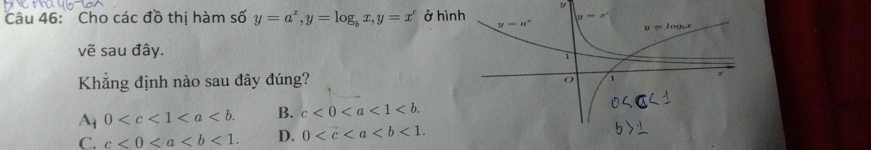 Cho các đồ thị hàm số y=a^x,y=log _bx,y=x^c ở hìn
vẽ sau đây.
Khẳng định nào sau đây đúng?
Ai 0 B. c<0<a<1<b.
C. c<0<a D. 0