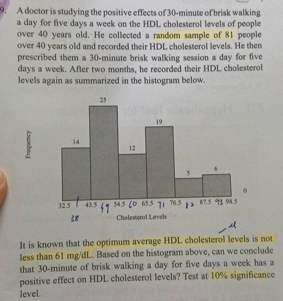 A doctor is studying the positive effects of 30-minute of brisk walking 
a day for five days a week on the HDL cholesterol levels of people 
over 40 years old. He collected a random sample of 81 people 
over 40 years old and recorded their HDL cholesterol levels. He then 
prescribed them a 30-minute brisk walking session a day for five
days a week. After two months, he recorded their HDL cholesterol 
levels again as summarized in the histogram below. 
It is known that the optimum average HDL cholesterol levels is not 
less than 61 mg/dL. Based on the histogram above, can we conclude 
that 30-minute of brisk walking a day for five days a week has a 
positive effect on HDL cholesterol levels? Test at 10% significance 
level.