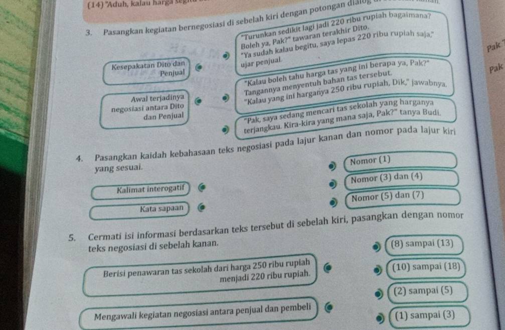 (14) 'Aduh, kalau harga segi 
3. Pasangkan kegiatan bernegosiasi di sebelah kiri dengan potongan diaio 
'Turunkan sedikit lagi jadi 220 ribu rupiah bagaimana? 
Boleh ya, Pak?" tawaran terakhir Dito. 
"Ya sudah kalau begitu, saya lepas 220 ribu rupiah saja,” 
Pak 
Kesepakatan Dito dan 
ujar penjual. 
"Kalau boleh tahu harga tas yang ini berapa ya, Pak?" 
Penjual 
Pak 
Tangannya menyentuh bahan tas tersebut. 
negosiasi antara Dito "Kalau yang ini harganya 250 ribu rupiah, Dik,' jawabnya 
Awal terjadinya 
dan Penjual 
"Pak, saya sedang mencari tas sekolah yang harganya 
terjangkau. Kira-kira yang mana saja, Pak?” tanya Budi 
4. Pasangkan kaidah kebahasaan teks negosiasi pada lajur kanan dan nomor pada lajur kiri 
Nomor (1) 
yang sesuai. 
Kalimat interogatif Nomor (3) dan (4) 
Kata sapaan Nomor (5) dan (7) 
5. Cermati isi informasi berdasarkan teks tersebut di sebelah kiri, pasangkan dengan nomor 
teks negosiasi di sebelah kanan. (8) sampai (13) 
Berisi penawaran tas sekolah dari harga 250 ribu rupiah (10) sampai (18) 
menjadi 220 ribu rupiah. 
(2) sampai (5) 
Mengawali kegiatan negosiasi antara penjual dan pembeli 
(1) sampai (3)