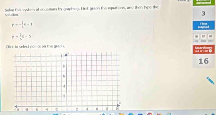 answered
Solve this system of equations by graphing. First graph the equations, and then type the
solution.
3
y=- 2/5 x-1 Time
elapsed
y= 2/5 x-5
00 07 08
BE
Click to select points on the graph.
SmartScore
out of 100 O
16