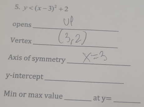 y
opens_ 
_ 
Vertex 
_ 
Axis of symmetry 
_ 
y-intercept 
Min or max value _at y= _