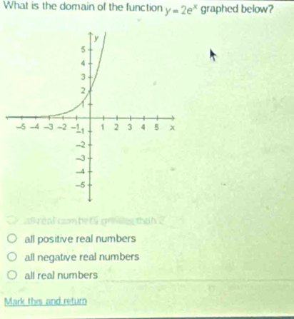 What is the domain of the function y=2e^x graphed below?

all positive real numbers
all negative real numbers
all real numbers
Mark thrs and return