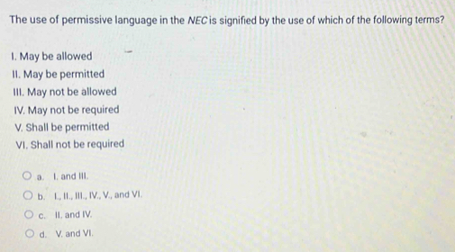 Solved: The use of permissive language in the NEC is signified by the ...
