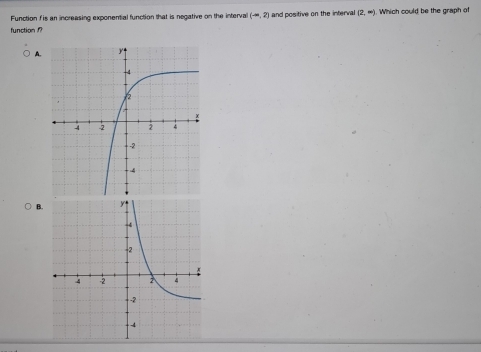 Function f is an increasing exponential function that is negative on the interval (-∈fty ,2)
function ? and positive on the interval (2,∈fty ). Which could be the graph of 
A. 
B.