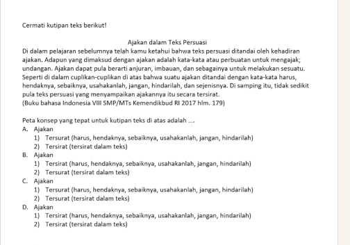 Cermati kutipan teks berikut!
Ajakan dalam Teks Persuasi
Di dalam pelajaran sebelumnya telah kamu ketahui bahwa teks persuasi ditandai oleh kehadiran
ajakan. Adapun yang dimaksud dengan ajakan adalah kata-kata atau perbuatan untuk mengajak;
undangan. Ajakan dapat pula berarti anjuran, imbauan, dan sebagainya untuk melakukan sesuatu.
Seperti di dalam cuplikan-cuplikan di atas bahwa suatu ajakan ditandai dengan kata-kata harus,
hendaknya, sebaiknya, usahakanlah, jangan, hindarilah, dan sejenisnya. Di samping itu, tidak sedikit
pula teks persuasi yang menyampaikan ajakannya itu secara tersirat.
(Buku bahasa Indonesia VIII SMP/MTs Kemendikbud RI 2017 hlm. 179)
Peta konsep yang tepat untuk kutipan teks di atas adalah ....
A. Ajakan
1) Tersurat (harus, hendaknya, sebaiknya, usahakanlah, jangan, hindarilah)
2) Tersirat (tersirat dalam teks)
B. Ajakan
1) Tersirat (harus, hendaknya, sebaiknya, usahakanlah, jangan, hindarilah)
2) Tersurat (tersirat dalam teks)
C. Ajakan
1) Tersurat (harus, hendaknya, sebaiknya, usahakanlah, jangan, hindarilah)
2) Tersurat (tersirat dalam teks)
D. Ajakan
1) Tersirat (harus, hendaknya, sebaiknya, usahakanlah, jangan, hindarilah)
2) Tersirat (tersirat dalam teks)