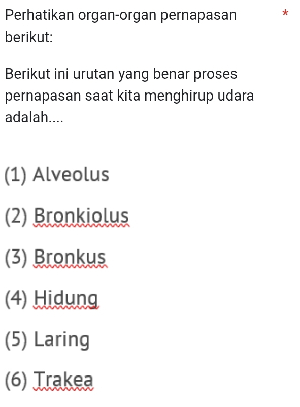 Perhatikan organ-organ pernapasan *
berikut:
Berikut ini urutan yang benar proses
pernapasan saat kita menghirup udara
adalah....
(1) Alveolus
(2) Bronkiolus
(3) Bronkus
(4) Hidung
(5) Laring
(6) Trakea