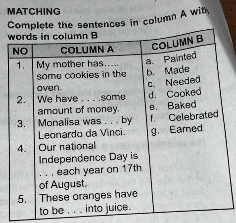 MATCHING 
ntences in column A wit