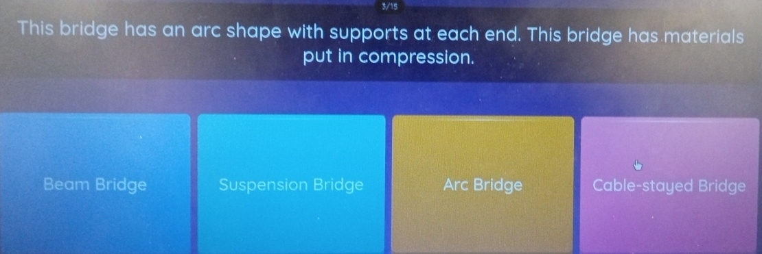 3/15
This bridge has an arc shape with supports at each end. This bridge has materials
put in compression.
Beam Bridge Suspension Bridge Arc Bridge Cable-stayed Bridge