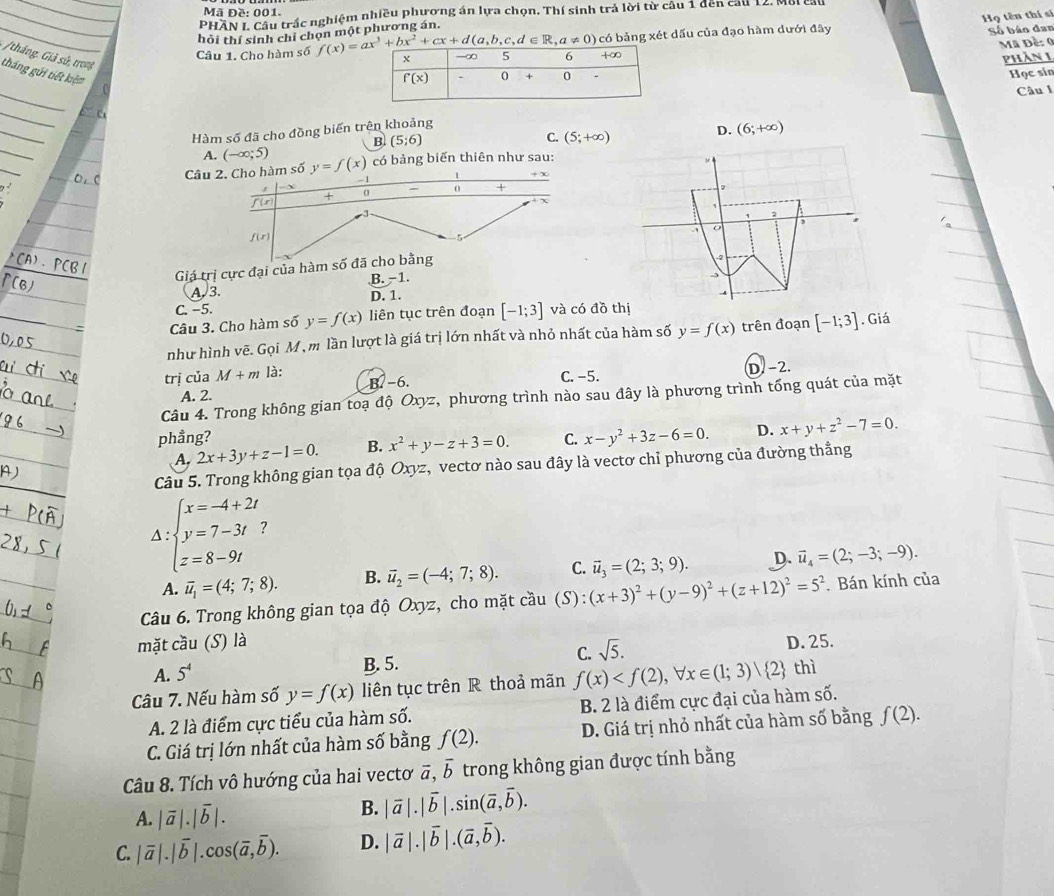 Mã Đề: 001.
_ PHAN' cầu trấc nghiệm nhiều phương án lựa chọn. Thí sinh trả lời từ câu 1 đến cầu 12, Mỗi cầu
Họ tên thí sĩ
_
hỏi thí sinh chỉ chọn một phương án.
Câu 1. Cho hàm số f(x)=ax^3+bx^2+cx+d(a,b,c,d∈ R,a!= 0) có bảng xét dấu của đạo hàm dưới đây
Số báo dan
Mã Đề: (
/tháng. Giả sử, trong
Phần 1
tháng gúi tiết kiệ
Học sin
_
Câu l
_
_
Hàm số đã cho đồng biến trên khoảng
_
B (5;6)
C. (5;+∈fty ) D. (6;+∈fty )
A. (-∈fty ;5)
_
Câu có bảng biến thiên như sau:
Giá trị cực đại của hàm s
A. 3. B.−1.
C. −5. D. 1.
_
Câu 3. Cho hàm số y=f(x) liên tục trên đoạn [-1;3] và có đồ thị
như hình vẽ. Gọi M ,m lần lượt là giá trị lớn nhất và nhỏ nhất của hàm số y=f(x) trên đoạn [-1;3]. Giá
trị của M+m là:
C. -5.
A. 2. B −6. D. -2.
Câu 4. Trong không gian toạ độ Oxyz, phương trình nào sau đây là phương trình tổng quát của mặt
phẳng? C. x-y^2+3z-6=0. D. x+y+z^2-7=0.
A. 2x+3y+z-1=0. B. x^2+y-z+3=0.
Câu 5. Trong không gian tọa độ Oxyz, vectơ nào sau đây là vectơ chỉ phương của đường thẳng
:beginarrayl x=-4+2t y=7-3t z=8-9tendarray. 7
A. overline u_1=(4;7;8). B. vector u_2=(-4;7;8). C. vector u_3=(2;3;9). D vector u_4=(2;-3;-9).
Câu 6. Trong không gian tọa độ Oxyz, cho mặt cầu (S): (x+3)^2+(y-9)^2+(z+12)^2=5^2 * Bán kính của
mặt cầu (S) là D. 25.
A. 5^4 B. 5. C. sqrt(5).
Câu 7. Nếu hàm số y=f(x) liên tục trên R thoả mãn f(x) thì
A. 2 là điểm cực tiểu của hàm số. B. 2 là điểm cực đại của hàm số.
C. Giá trị lớn nhất của hàm số bằng f(2). D. Giá trị nhỏ nhất của hàm số bằng f(2).
Câu 8. Tích vô hướng của hai vectơ overline a,overline b trong không gian được tính bằng
A. |vector a|.|vector b|.
B. |vector a|.|vector b|.sin (vector a,vector b).
C. |overline a|.|overline b|.cos (overline a,overline b). D. |vector a|.|vector b|.(vector a,vector b).