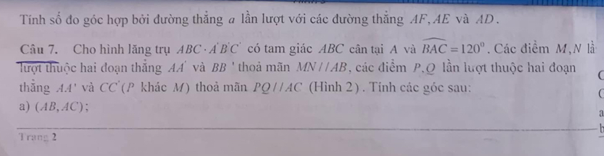 Tính số đo góc hợp bởi đường thẳng a lần lượt với các đường thẳng AF, AE và AD. 
Câu 7. Cho hình lăng trụ ABC · AB'C' có tam giác ABC cân tại A và widehat BAC=120°. Các điểm M,N là 
lượt thuộc hai đoạn thắng AA' và BB ' thoả mãn MN//AB , các điểm P. Q lần lượt thuộc hai đoạn ( 
thắng AA' và CC' (P khác M) thoả mãn PQ//AC (Hình 2) . Tính các góc sau: 
a) (AB,AC) : 
a 
Trang 2