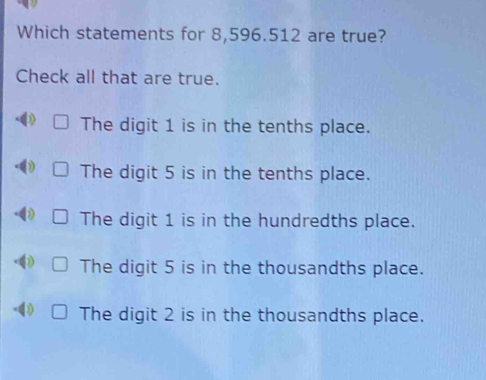 Which statements for 8,596.512 are true?
Check all that are true.
The digit 1 is in the tenths place.
The digit 5 is in the tenths place.
The digit 1 is in the hundredths place.
The digit 5 is in the thousandths place.
The digit 2 is in the thousandths place.