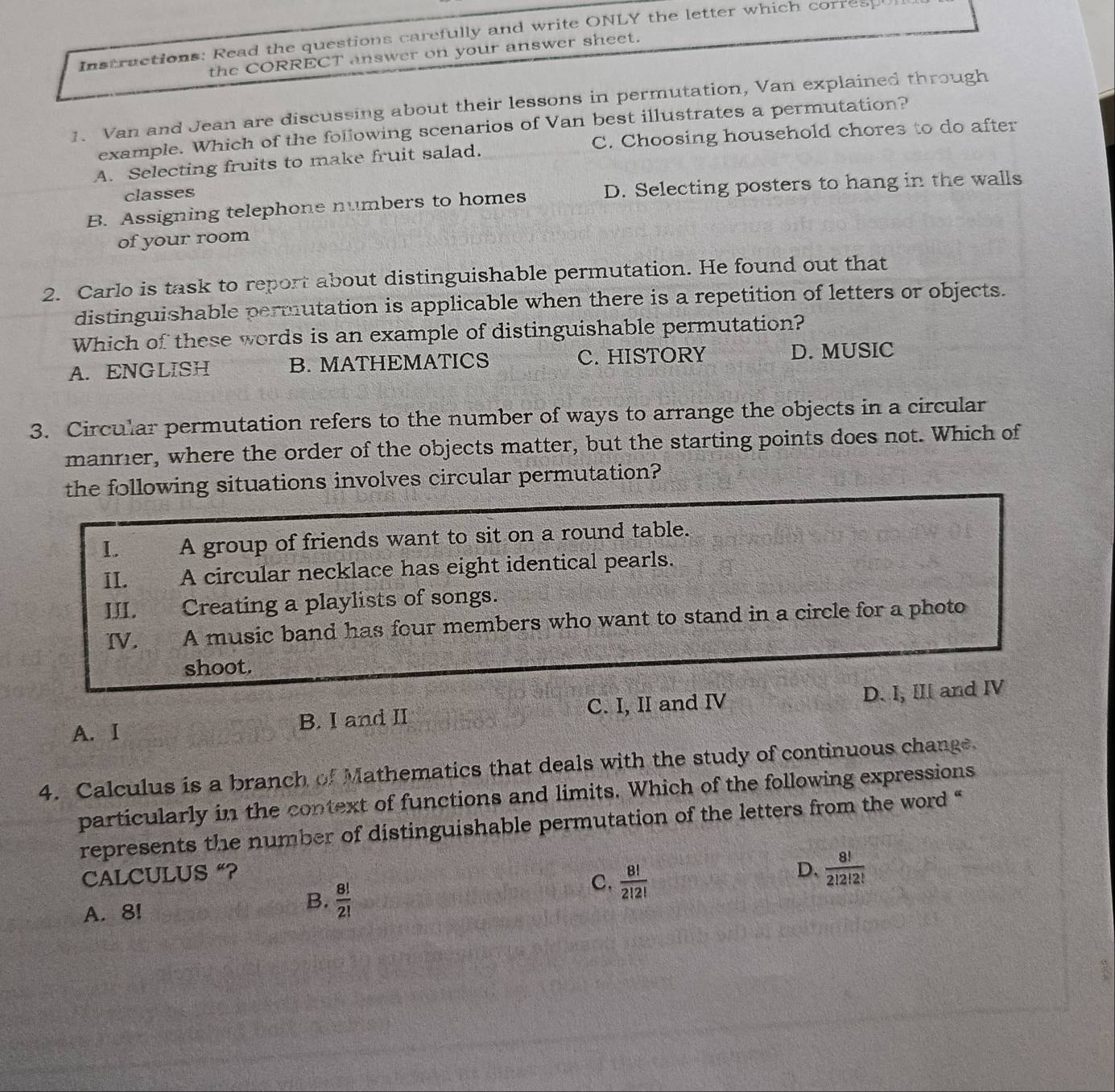 Solved: Instructions: Read the questions carefully and write ONLY the ...