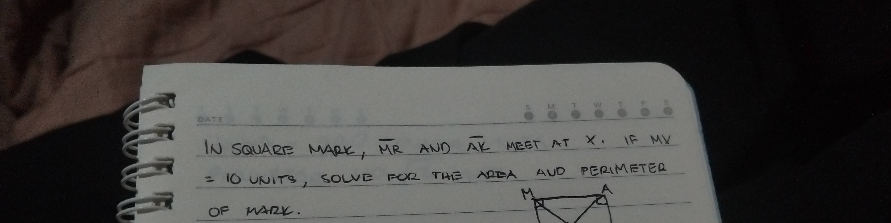 IN SQUADE MADK, overline MR AND overline AK MEET AT X. IF MX
=10UNITS , SOLE FOR THE AOEA AND PERIMETER 
OF MARK.