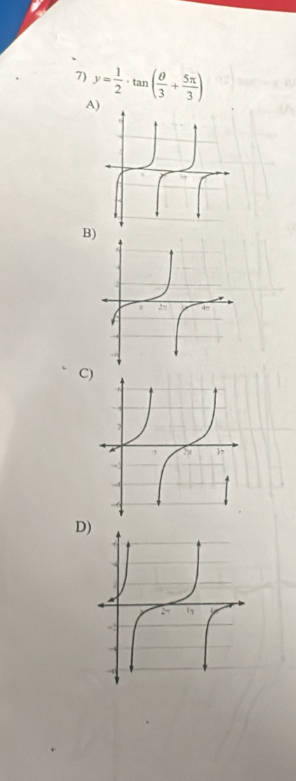 y= 1/2 · tan ( θ /3 + 5π /3 )
A) 
B) 
C) 
D)