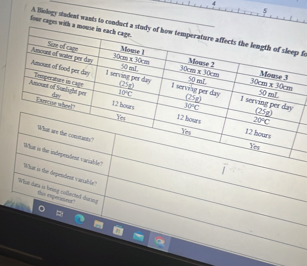 4
5
four c
A Biology student wants top fo