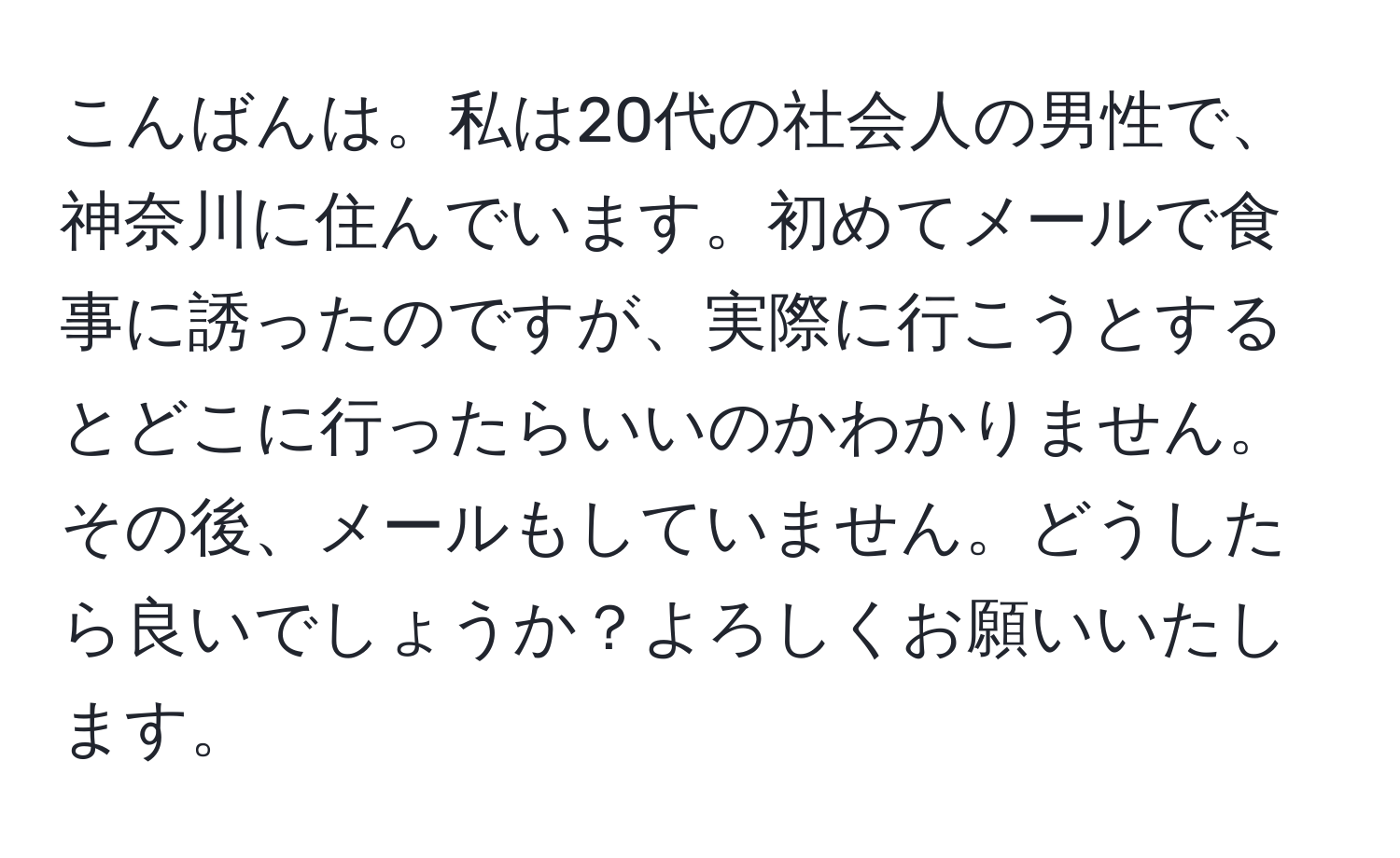 こんばんは。私は20代の社会人の男性で、神奈川に住んでいます。初めてメールで食事に誘ったのですが、実際に行こうとするとどこに行ったらいいのかわかりません。その後、メールもしていません。どうしたら良いでしょうか？よろしくお願いいたします。