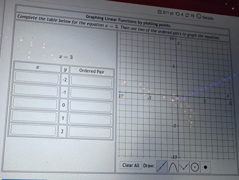 つ 4 2 19 Details 
Graphing Linear Functions by plotting points. 
Complete the table below for the equation x=3. Then use
x=3
x y Ordered Pair
-2
-1
0
1
2
Clear All Draw: