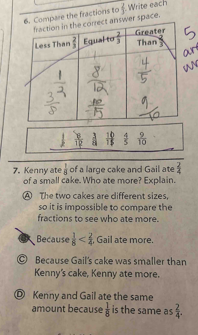 are the fractions to  2/3  Write each
space.
 8/12   3/8   10/15   4/5   9/10 
7. Kenny ate  1/8  of a large cake and Gail ate  2/4 
of a small cake. Who ate more? Explain.
A The two cakes are different sizes,
so it is impossible to compare the
fractions to see who ate more.
B Because  1/8  , Gail ate more.
© Because Gail's cake was smaller than
Kenny’s cake, Kenny ate more.
D Kenny and Gail ate the same
amount because  1/8  is the same as  2/4 .