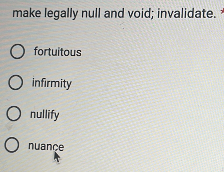 make legally null and void; invalidate. *
fortuitous
infirmity
nullify
nuançe