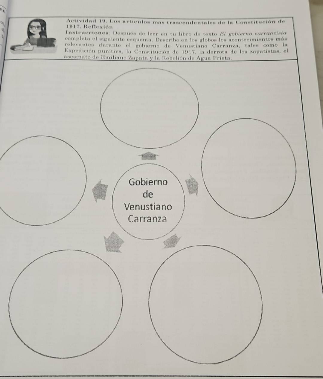 Actividad 19. Los artículos mas trascendentales de la Constitución de 
1917. Reflexión 
Instrucciones: Después de leer en tu libro de texto El gobierno carrancista 
completa el siguiente esquema. Describe en los globos los acontecimientos más 
relevantes durante el gobierno de Venustiano Carranza, tales como la 
Expedición punitiva, la Constitución de 1917, la derrota de los zapatistas, el 
asesinato de Emiliano Zapata y la Rebelión de Agua Prieta.