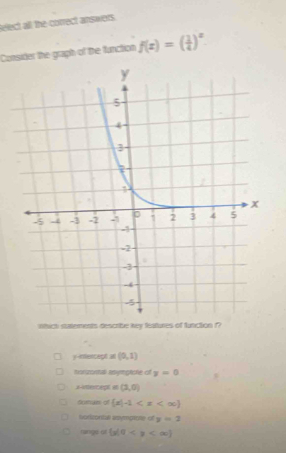 elect all the correct answers.
Consider the graph of the function f(x)=( 1/4 )^x
which statements desc
y -ntescept all (0,1)
iorizental asymptate of y=0
x -intercegt =(3,0)
doman of  x|-1
horizontall asymptote of y=2
range of  y|0