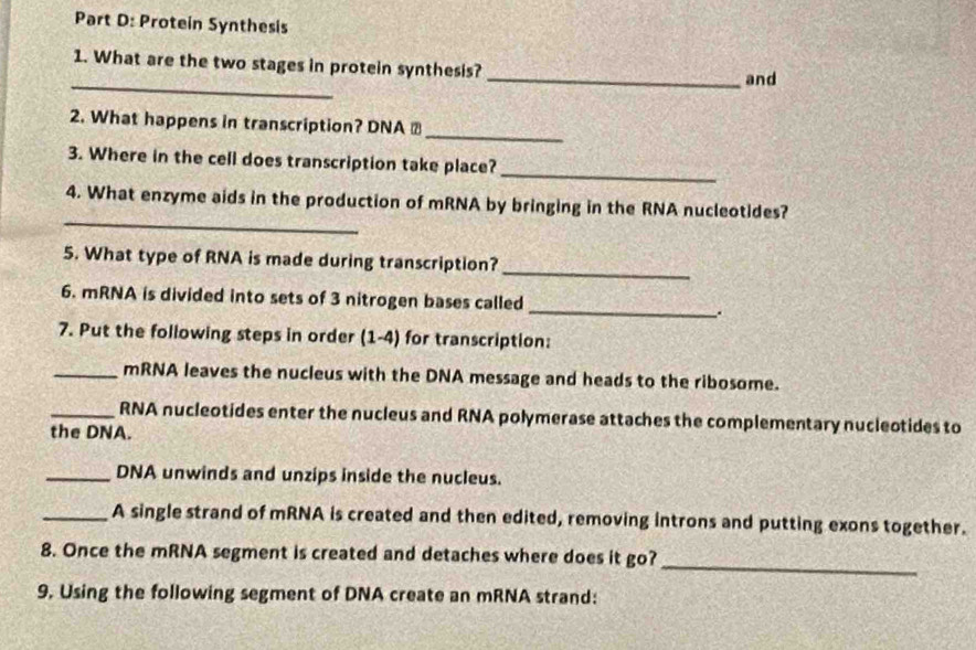 Protein Synthesis 
_ 
1. What are the two stages in protein synthesis? 
_and 
_ 
2. What happens in transcription? DNA ⊥ 
_ 
3. Where in the cell does transcription take place? 
_ 
4. What enzyme aids in the production of mRNA by bringing in the RNA nucleotides? 
_ 
5. What type of RNA is made during transcription? 
_ 
6. mRNA is divided into sets of 3 nitrogen bases called 
7. Put the following steps in order (1-4) for transcription: 
_mRNA leaves the nucleus with the DNA message and heads to the ribosome. 
_RNA nucleotides enter the nucleus and RNA polymerase attaches the complementary nucleotides to 
the DNA. 
_DNA unwinds and unzips inside the nucleus. 
_A single strand of mRNA is created and then edited, removing introns and putting exons together. 
_ 
8. Once the mRNA segment is created and detaches where does it go? 
9. Using the following segment of DNA create an mRNA strand: