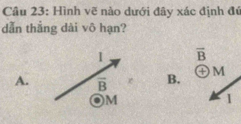 Hình vẽ nào dưới đây xác định đú
dẫn thẳng dài vô hạn?
1
overline B
odot M
A.
overline B
B.
M
1