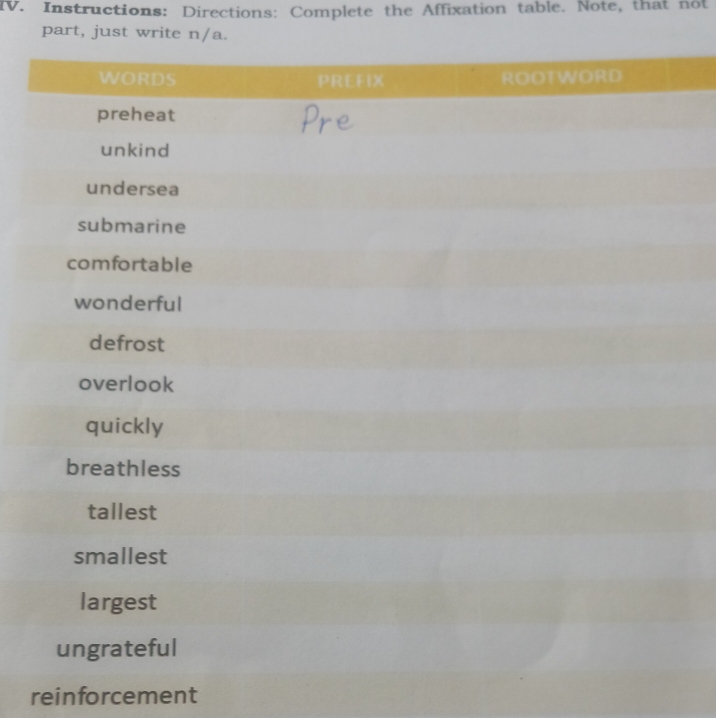 Instructions: Directions: Complete the Affixation table. Note, that not 
part, just write n/a. 
reinforcement