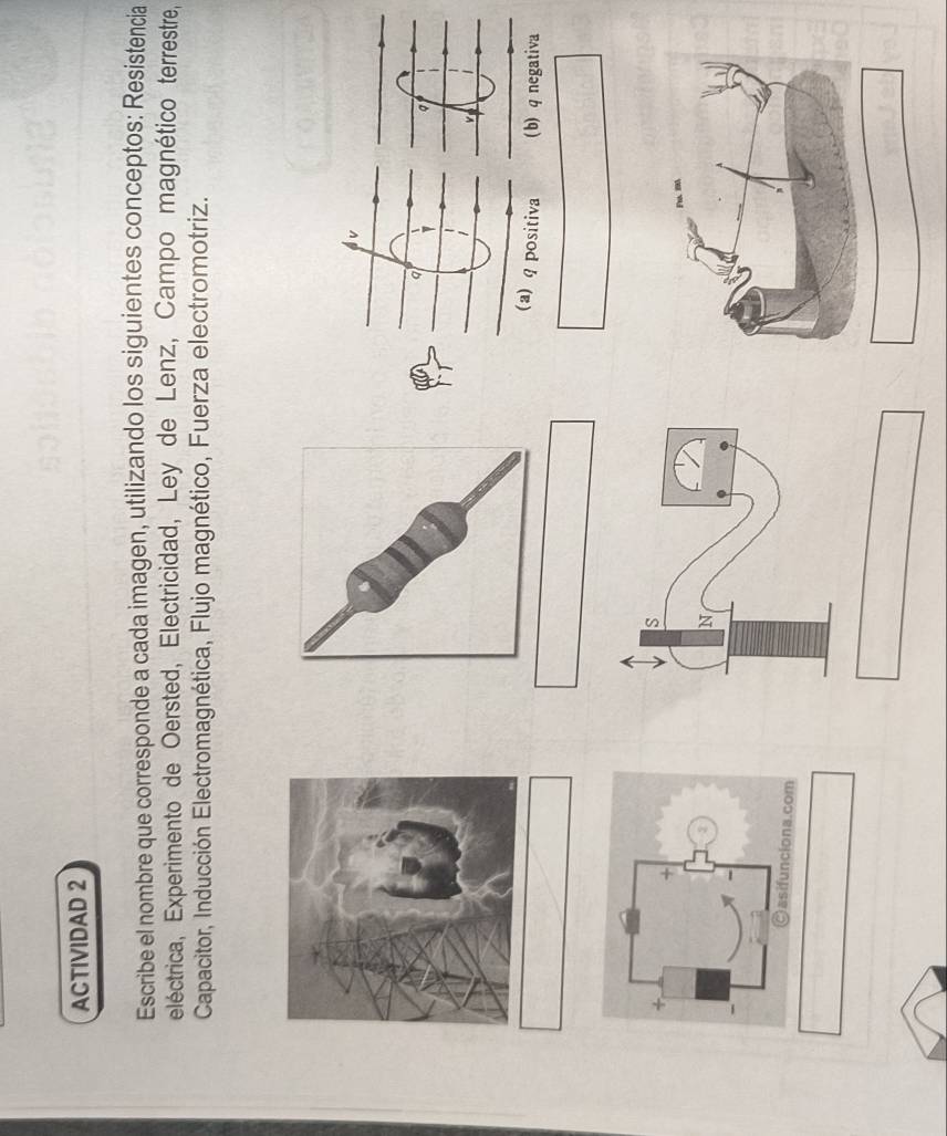 ACTIVIDAD 2
Escribe el nombre que corresponde a cada imagen, utilizando los siguientes conceptos: Resistencia
eléctrica, Experimento de Oersted, Electricidad, Ley de Lenz, Campo magnético terrestre,
Capacitor, Inducción Electromagnética, Flujo magnético, Fuerza electromotriz.
v
q
(a) q positiva (b) q negativa