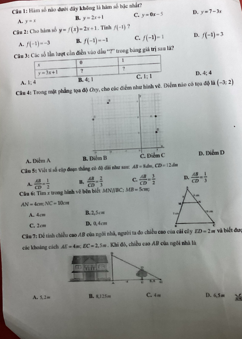 Hàm số nào dưới đây không là hàm số bậc nhất?
A. y=x
B. y=2x+1 C. y=0x-5 D. y=7-3x
Câu 2: Cho hàm số y=f(x)=2x+1. Tinh f(-1) ?
A. f(-1)=-3 B. f(-1)=-1 C. f(-1)=1 D. f(-1)=3
Cân điễn vào dấu “?” trong bảng giá trị sau là?
A. 1; 4 BD. 4:4
Câu 4: Trong mặt phẳng tọa độ Oxy, cho các diểm như hình vẽ. Điểm nào có tọa độ là (-3;2)
A. Điểm A B. Điểm B C. Điểm C D. Điểm D
Câu 5: Viết tỉ số cặp đoạn thẳng có độ dải như sau: AB=8dm,CD=12dm
A.  AB/CD = 1/2  B.  AB/CD = 2/3  C.  AB/CD = 3/2  D.  AB/CD = 1/3 
Câu 6: Tìm x trong hình vẽ bên biết MN//BC;MB=5cm;
AN=4cm;NC=10cm
A. 4cm B.2,5cm
C. 2cm D. 0,4cm
Câu 7: Để tính chiều cao AB của ngôi nhà, người ta đo chiều cao của cải cây ED=2m và biết đượ
các khoảng cách AE=4m;EC=2,5m. Khi đó, chiều cao AB của ngôi nhà là
A. 5, 2 m B. 8,125m C.4m D. 6,5m