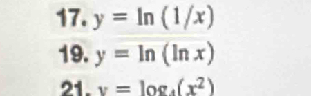 y=ln (1/x)
19. y=ln (ln x)
21. v=log _4(x^2)