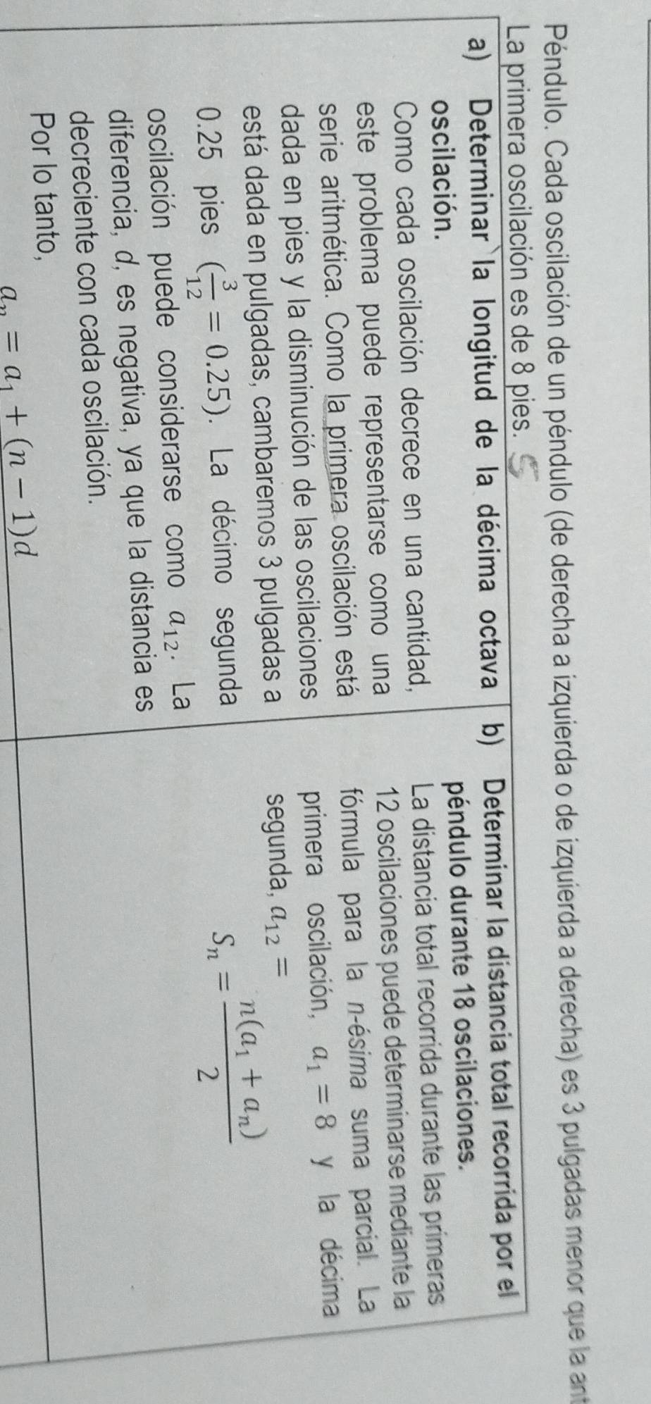 Péndulo. Cada oscilación de un péndulo (de derecha a izquierda o de izquierda a derecha) es 3 pulgadas menor que la ant
_ a_n=a_1+(n-1)d