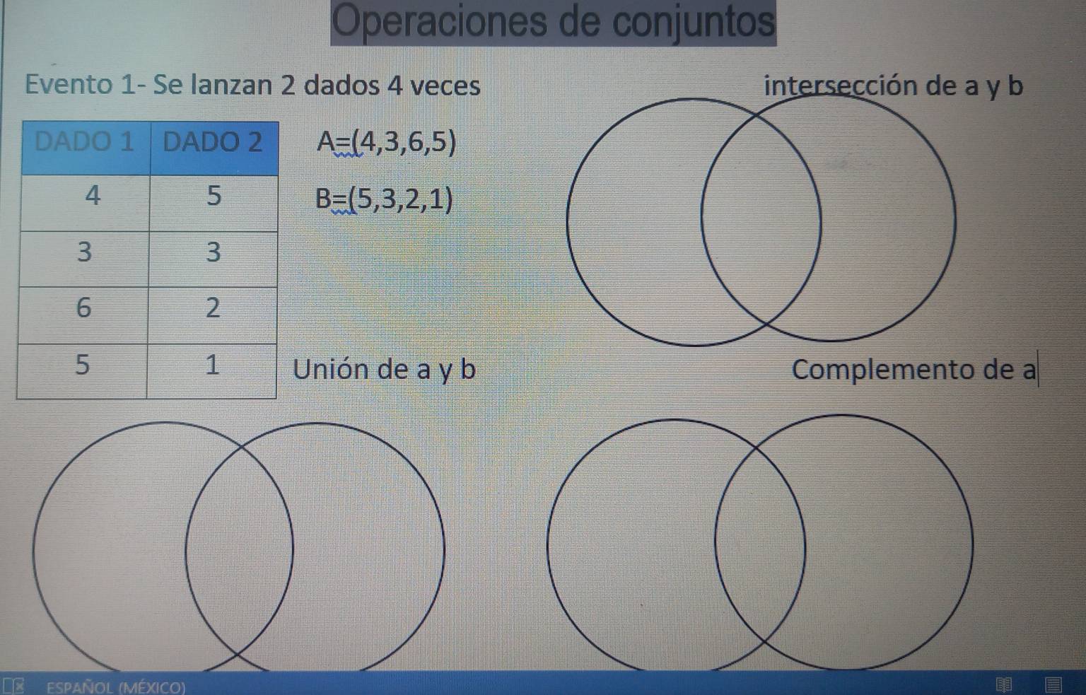 Operaciones de conjuntos 
Evento 1- Se lanzan 2 dados 4 vecesy b
A=(4,3,6,5)
B=(5,3,2,1)
nión de a y b Complemento de a
Español (méxico)