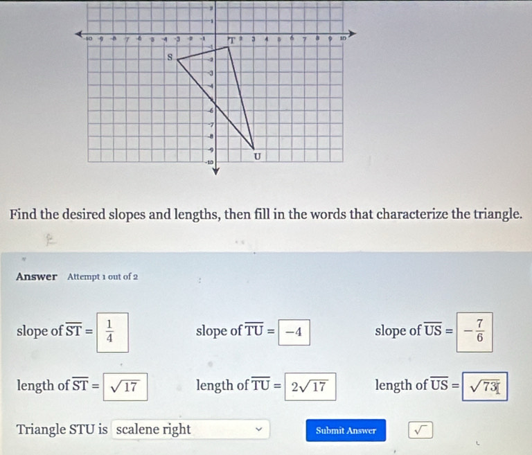 Find the desired slopes and lengths, then fill in the words that characterize the triangle.
Answer Attempt 1 out of 2
slope of overline ST=| 1/4  slope of overline TU= -4 slope of overline US=- 7/6 
length of overline ST=sqrt(17) length of overline TU=2sqrt(17) length of overline US=sqrt(73)
Triangle STU is scalene right Submit Answer sqrt()