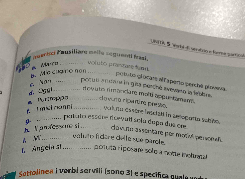 UNITÀ 5 Verbi di servizio e forme particol 
Inserisci l’ausiliare nelle seguenti frasi. 
a. Marco _voluto pranzare fuori. 
b. Mio cugino non_ 
potuto giocare all'aperto perché pioveva. 
c. Non_ 
potuti andare in gita perché avevano la febbre. 
d. Oggi_ 
dovuto rimandare molti appuntamenti. 
e. Purtroppo_ 
dovuto ripartire presto. 
f. l miei nonni_ 
voluto essere lasciati in aeroporto subito. 
_potuto essere ricevuti solo dopo due ore. 
g. 
h. ll professore si_ 
dovuto assentare per motivi personali. 
i. Mi_ 
voluto fidare delle sue parole. 
I. Angela si_ 
potuta riposare solo a notte inoltrata! 
Sottolinea i verbi servili (sono 3) e specifica qu e v o