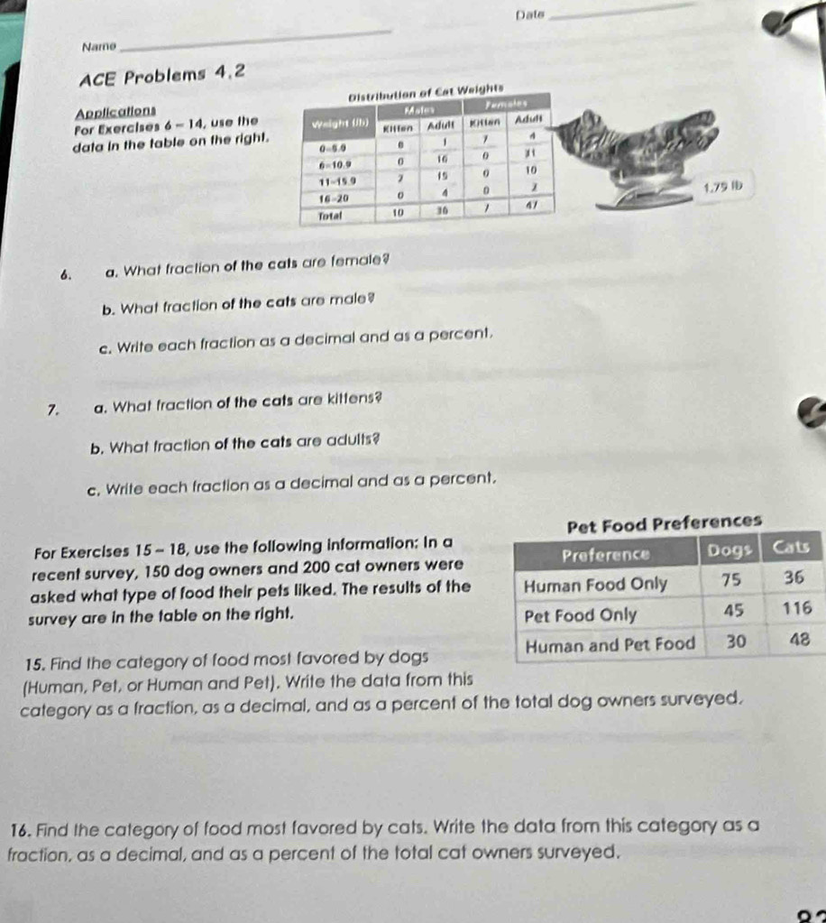 Date 
_ 
Name 
_ 
ACE Problems 4.2 
Applications 
For Exercises 6-14 , use the 
data in the table on the right. 
1. 79
6. a. What fraction of the cats are female? 
b. What fraction of the cats are male? 
c. Write each fraction as a decimal and as a percent. 
7. a. What fraction of the cats are kittens? 
b. What fraction of the cats are adults? 
c, Write each fraction as a decimal and as a percent. 
For Exercises 15 - 18, use the following information: In a 
recent survey, 150 dog owners and 200 cat owners were 
asked what type of food their pets liked. The results of the 
survey are in the table on the right. 
15. Find the category of food most favored by dogs 
(Human, Pet, or Human and Pet). Write the data from this 
category as a fraction, as a decimal, and as a percent of the total dog owners surveyed. 
16. Find the category of food most favored by cats. Write the data from this category as a 
fraction, as a decimal, and as a percent of the total cat owners surveyed.